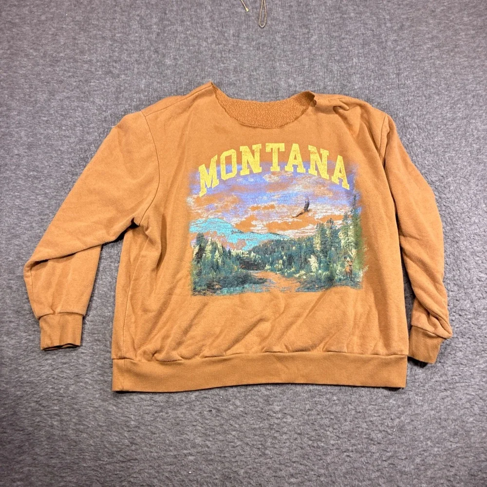 Baggy Montana Graphic Sweatshirt Womens XL Brown Distressed Raw Neck - Picture 2 of 10